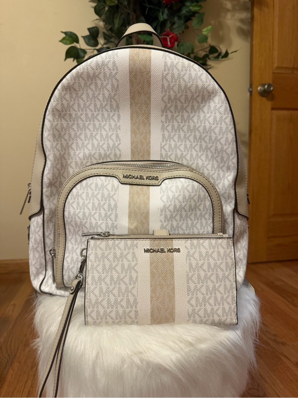 Michael Kors Cream & Beige Signature Stripe Backpack with Wristlet